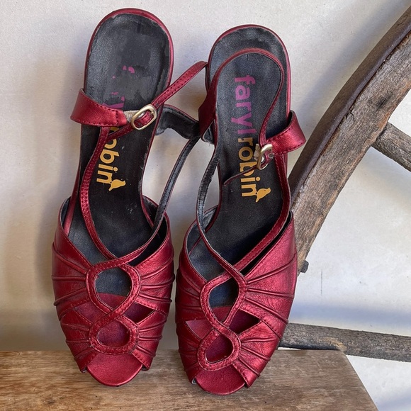 FARYL ROBIN Anthropologie Iridescent Wine Red Sling Back Open Toe Heels Size 8M - Picture 11 of 11